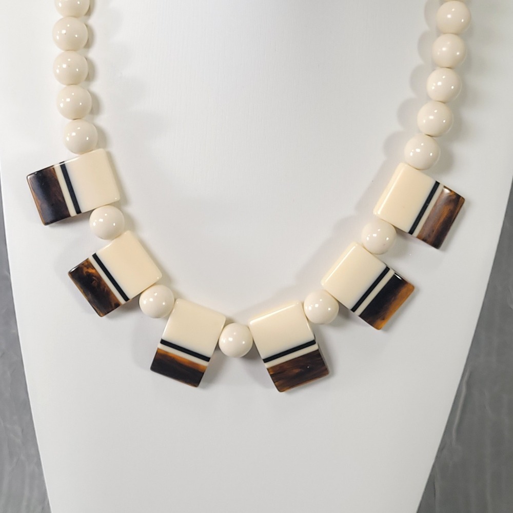 Vintage Lucite Necklace MCM Women Cream Brown Geometric Striped Mod Jewelry